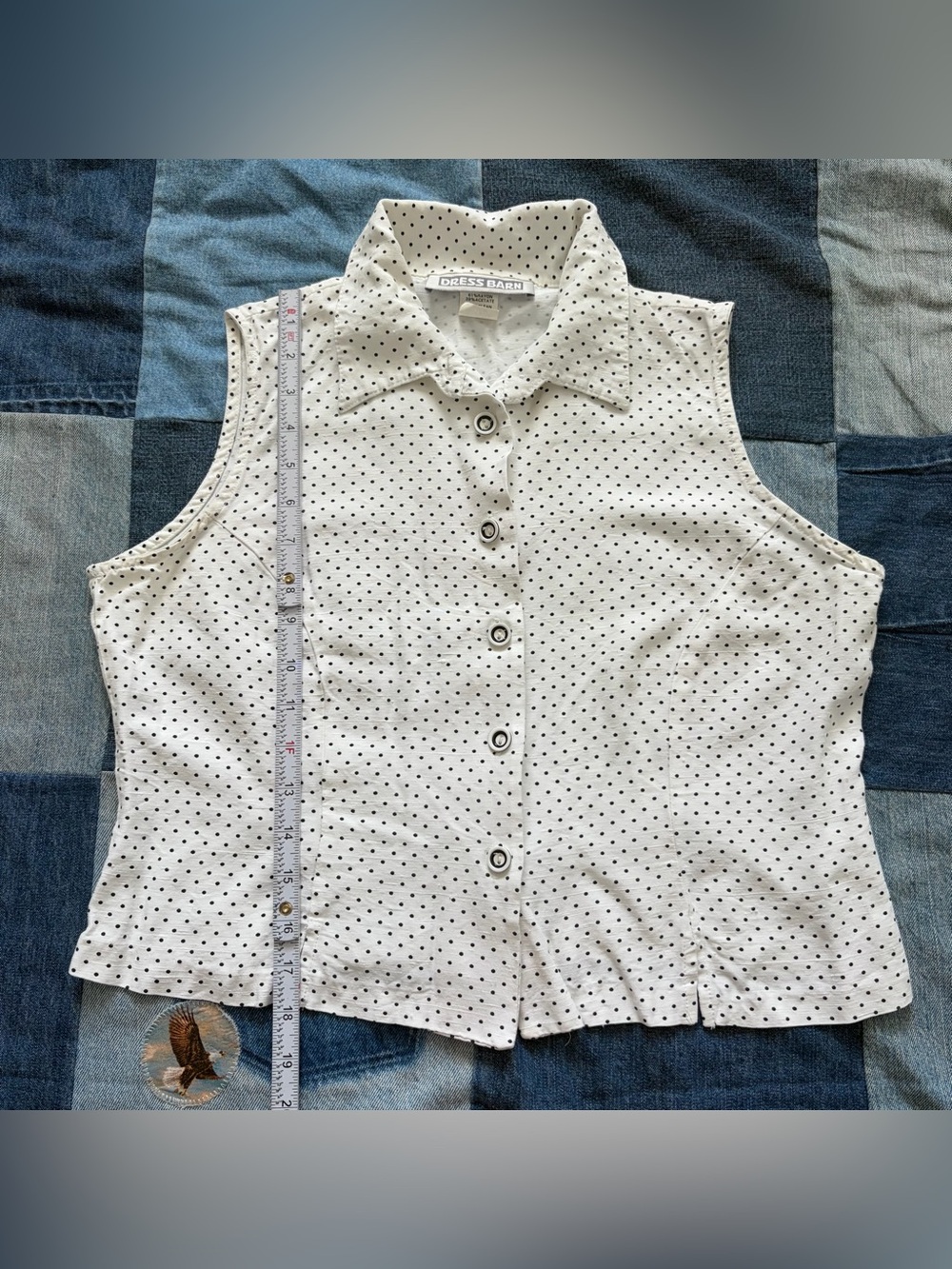 vintage white polka dot fitted sleeveless button up collared blouse dress barn L - Picture 6 of 7